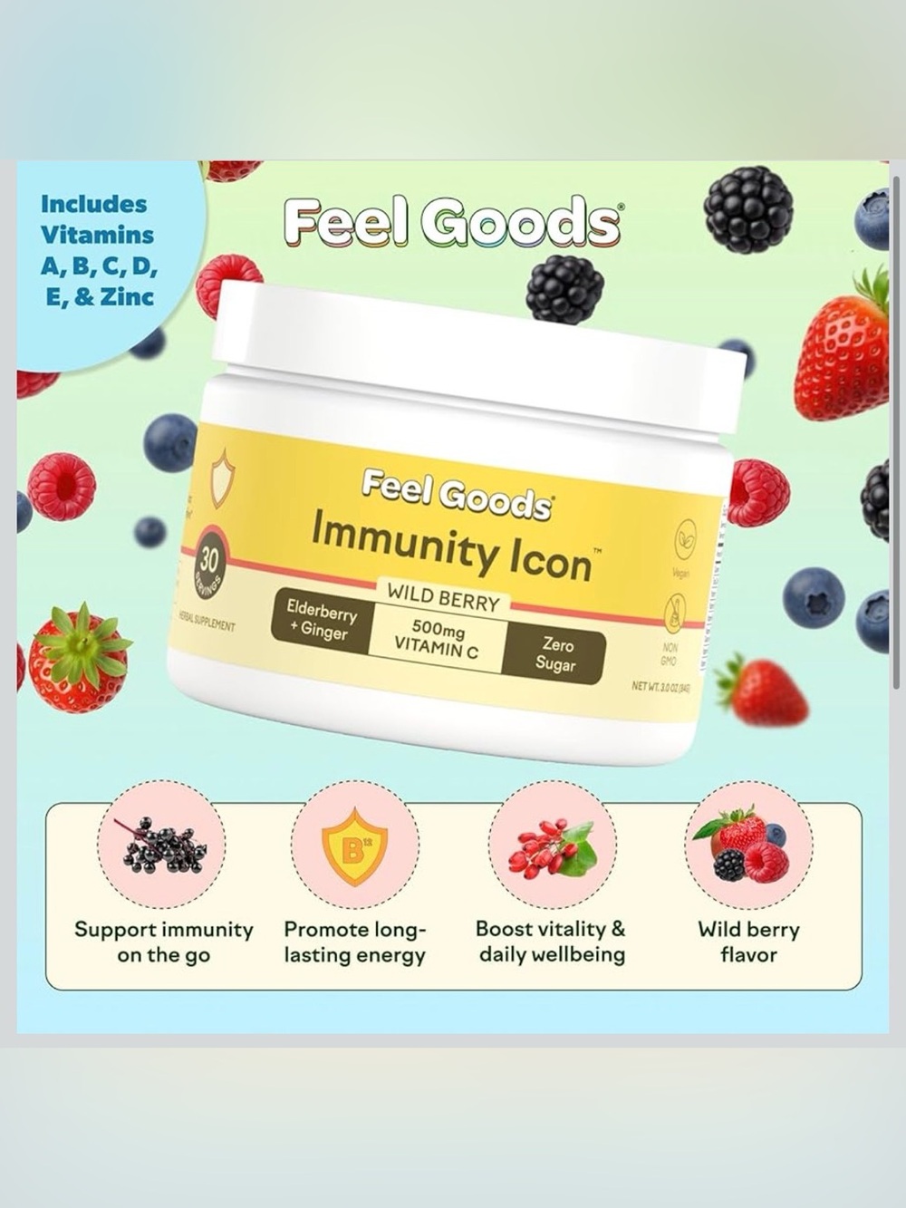 Feel Goods NEW Immunity Icon 500 mg Vitamin C Immune Support Powder Drink Mix